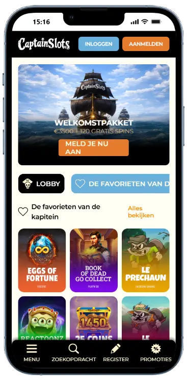 Captain Slots welkomstpakket op homepage