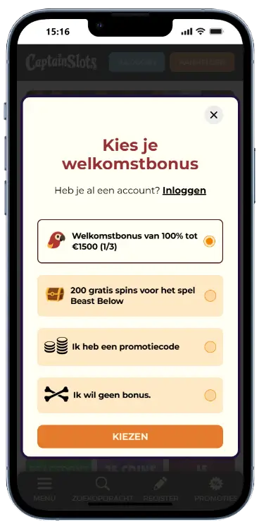 Captain Slots welkomstbonus kiezen
