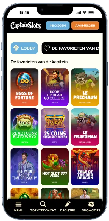 Captain Slots mobiele gokkastenlobby